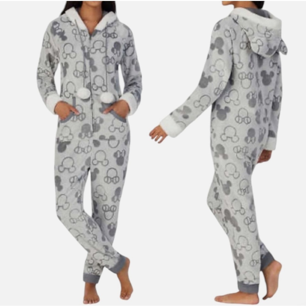 Disney Mickey & Minnie One Piece Fleece Hooded Zip Front Pajamas Size Large
